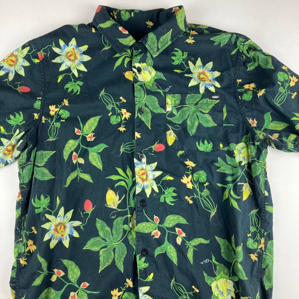 Vans Off The Wall Floral Button Shirt Mens Large Black Tropical Cotton